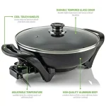 Ovente 13-Inch Non-Stick Electric Skillet with Tempered Glass Lid and Adjustable Temperature Control, Black thumbnail 3