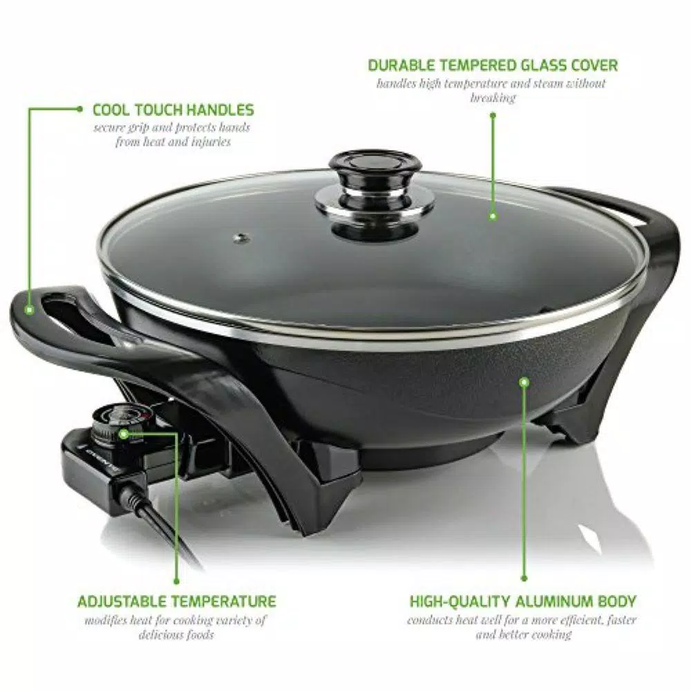 Ovente 13-Inch Non-Stick Electric Skillet with Tempered Glass Lid and Adjustable Temperature Control, Black