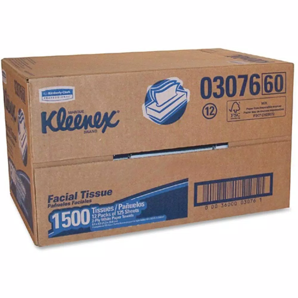 Kleenex Facial Tissue 2-Ply, 125 Sheets per Box, 12 Boxes per Carton (1500 Sheets Total)