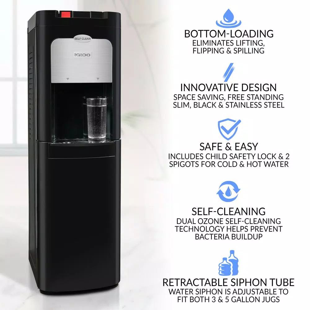 Igloo Bottom Loading Water Dispenser with Ozone Self-Cleaning, Hot & Cold, Black/Stainless Steel
