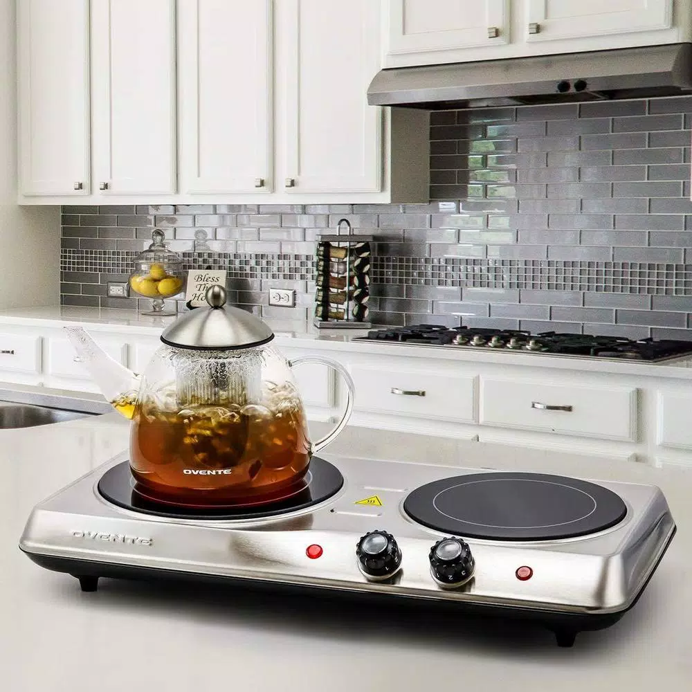 Ovente 1700W Double Electric Hot Plate, Infrared Glass Cooktop with 2 Burners, Silver