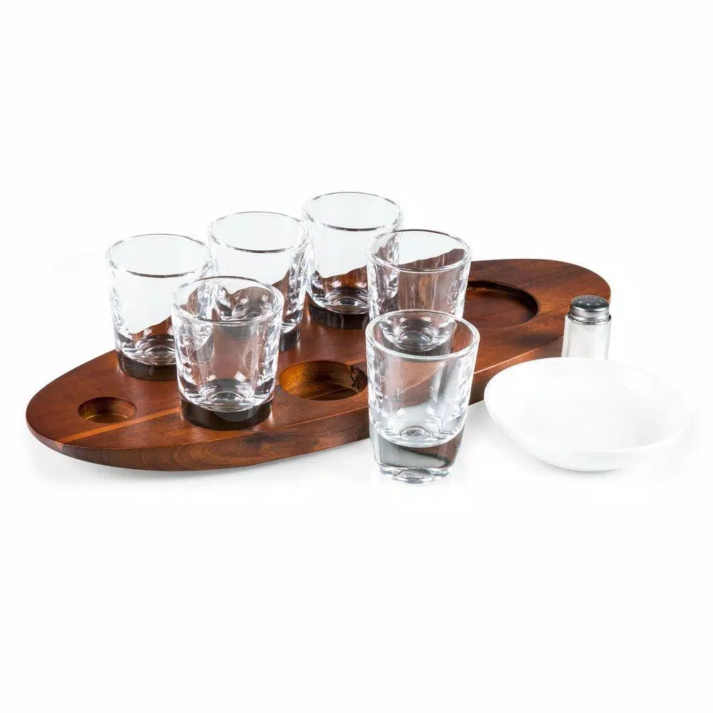Picnic Time Cantinero Acacia Wood Shot Glass Serving Tray Set - 9 Piece