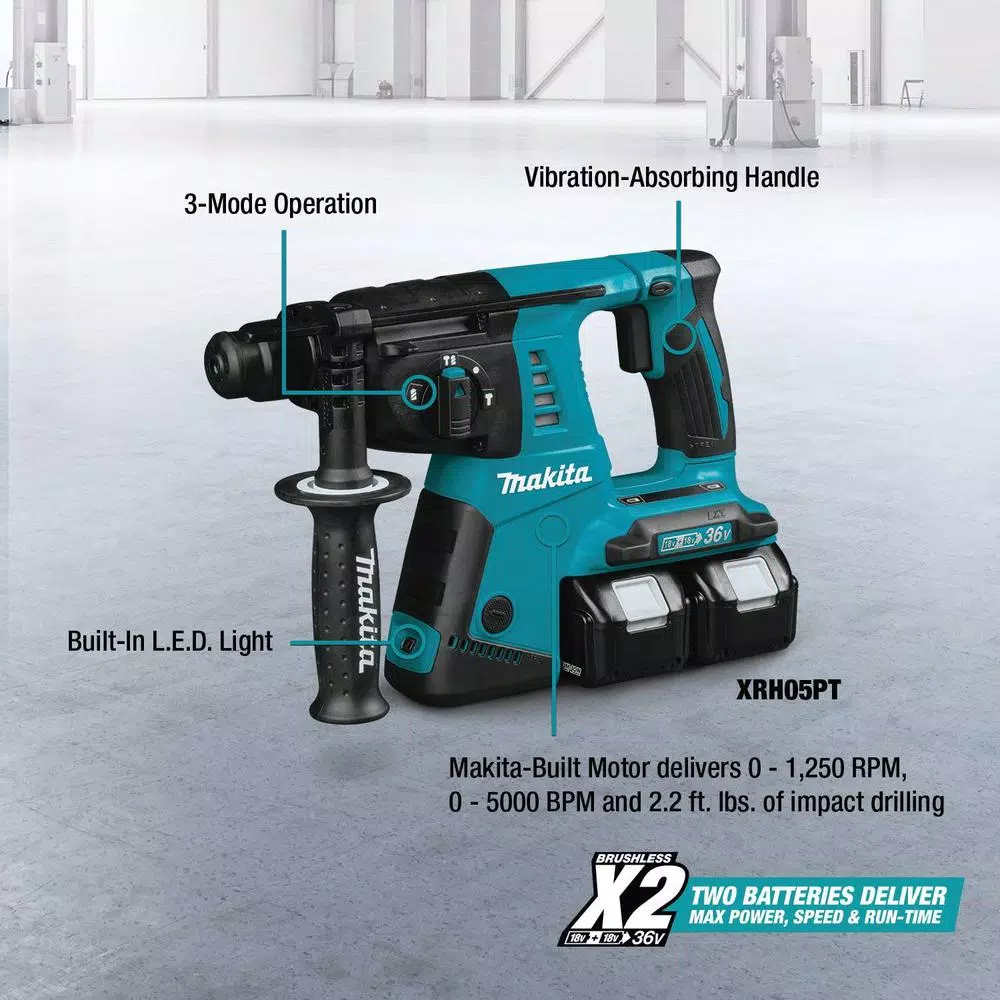 Makita 18V X2 LXT (36V) 1 in. Cordless SDS-Plus Rotary Hammer Kit with (2) 5.0Ah Batteries