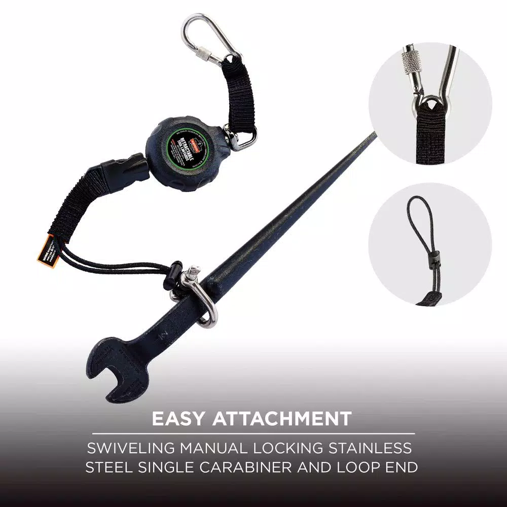 Ergodyne Squids 3001 Standard Black Retractable Tool Lanyard with Single Carabiner and Loop End (2 lb Capacity)