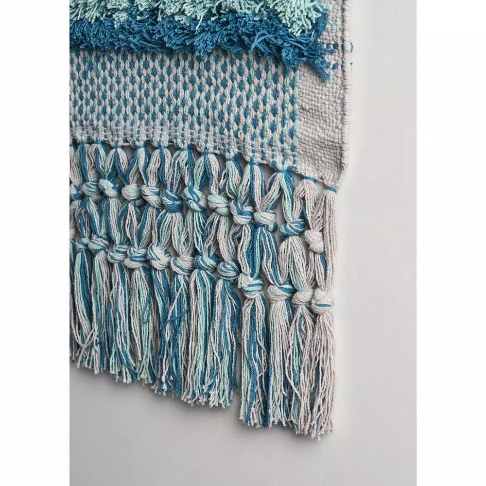 LR Home Coast Gray & Teal Fringed Tufted Cotton Wall Tapestry - Bohemian Coastal Wall Hanging