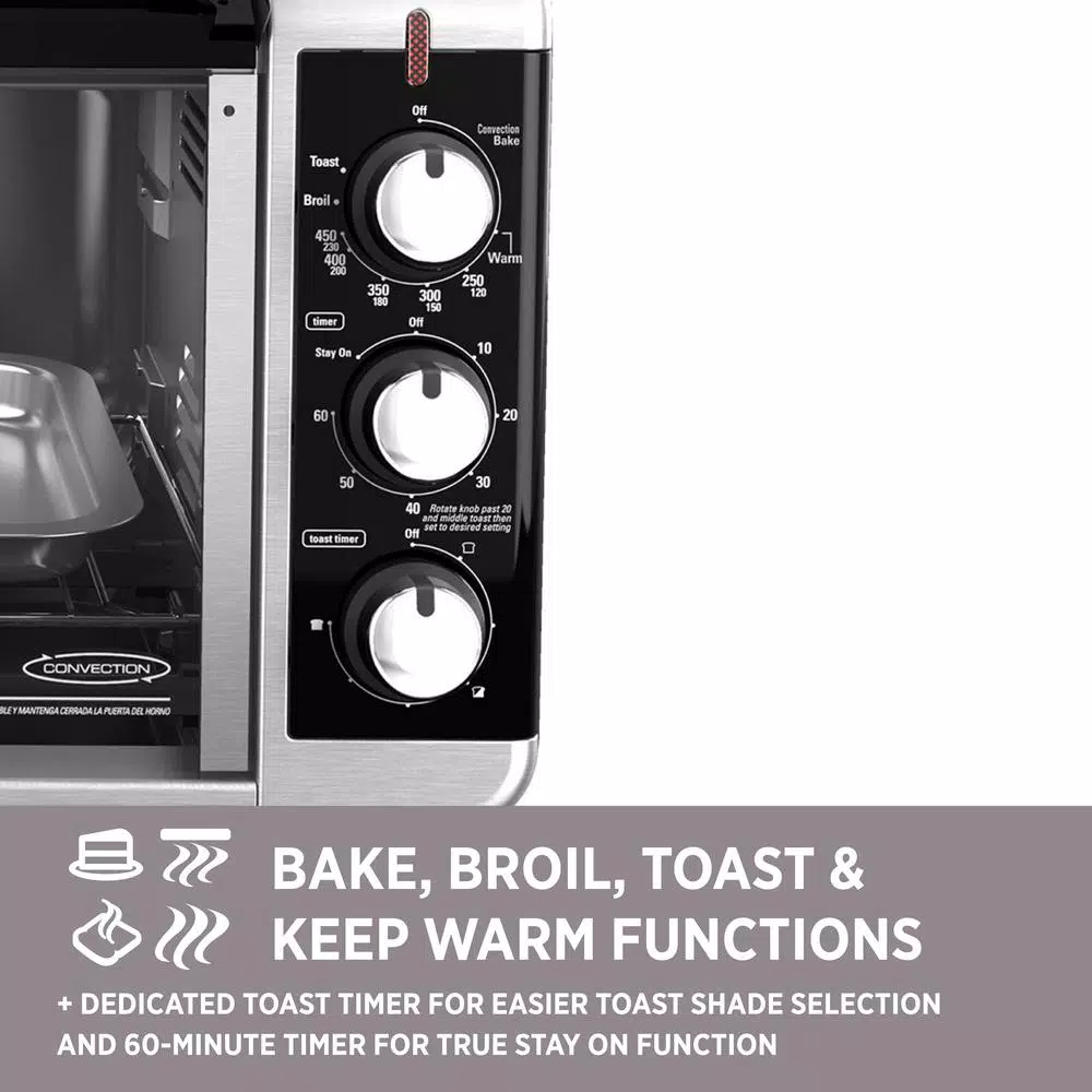 BLACK+DECKER 1500W 8-Slice Stainless Steel Convection Toaster Oven with Broiler