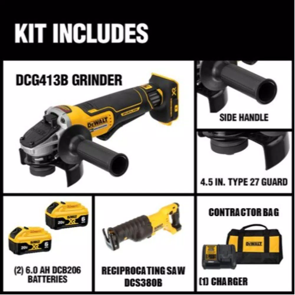 DEWALT 20V MAX XR Cordless Brushless 4-1/2 in. Small Angle Grinder Kit with (2) 6.0Ah Batteries & Reciprocating Saw