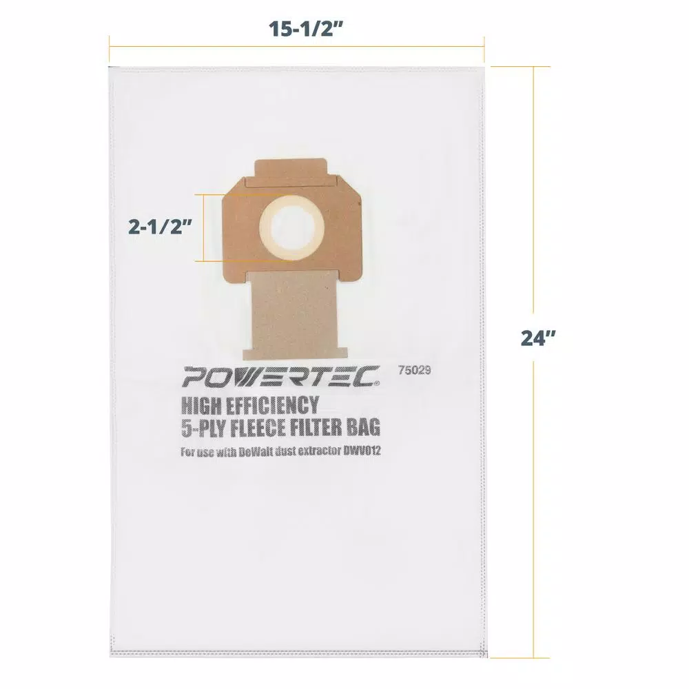 POWERTEC Fleece Filter Bags for DeWalt DWV012 Dust Extractors, HEPA Style, 5-Pack