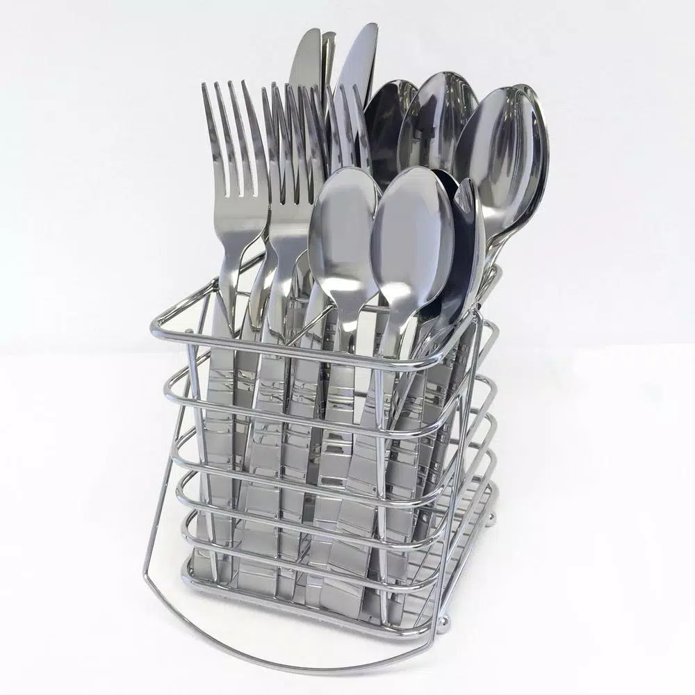 Cambridge Silversmiths Dallas Frost 16-Piece Flatware Set with Chrome Caddy, Service for 4