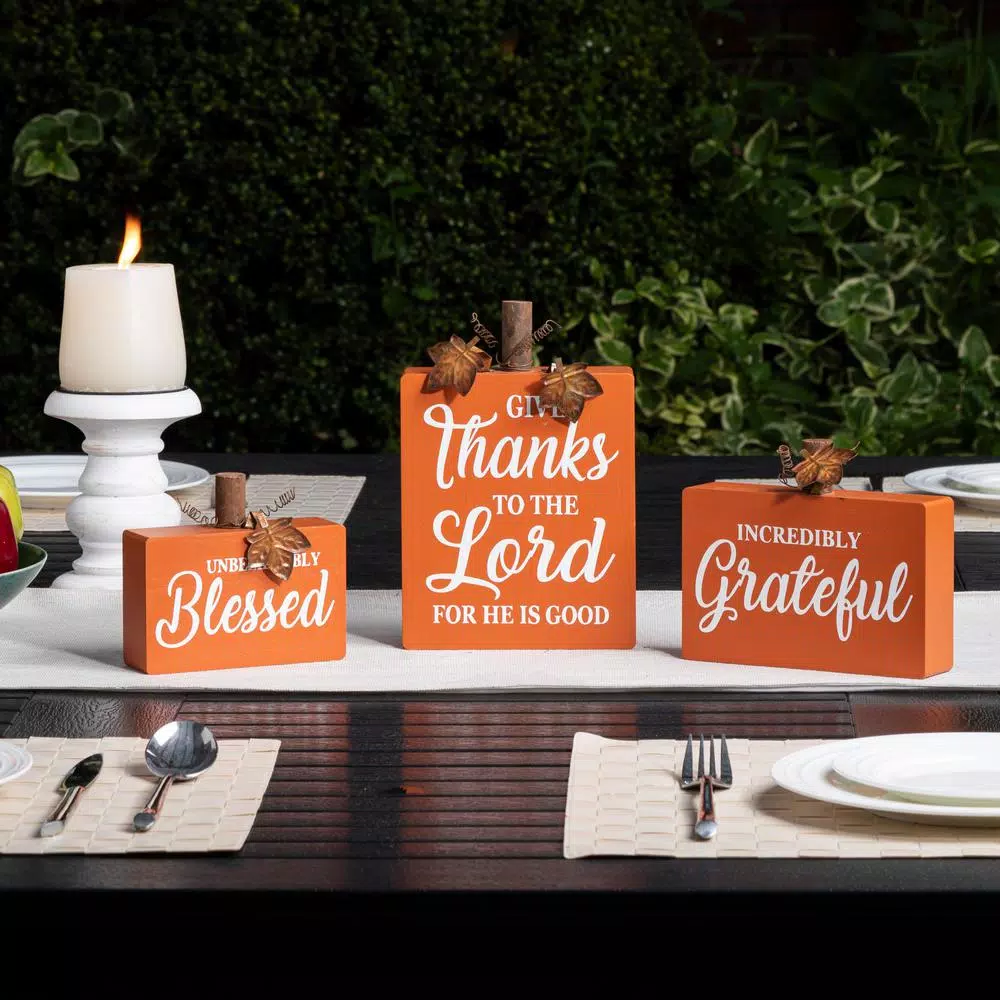 Glitzhome 8.85 in. Fall Wooden Pumpkin Table Decor Set, 3-Pack with Harvest Blessing Words