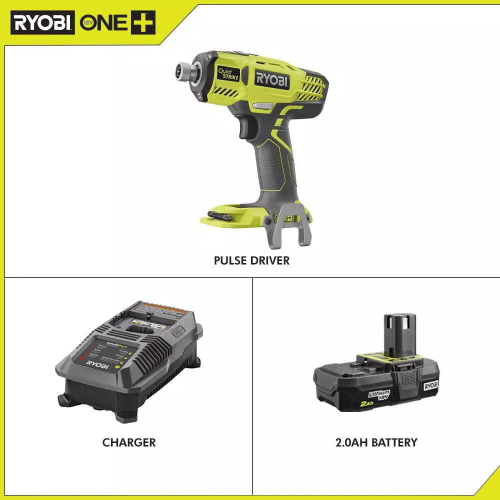 RYOBI 18V ONE+ QuietSTRIKE 1/4 in. Hex Pulse Driver Kit with 2.0 Ah Battery and Charger