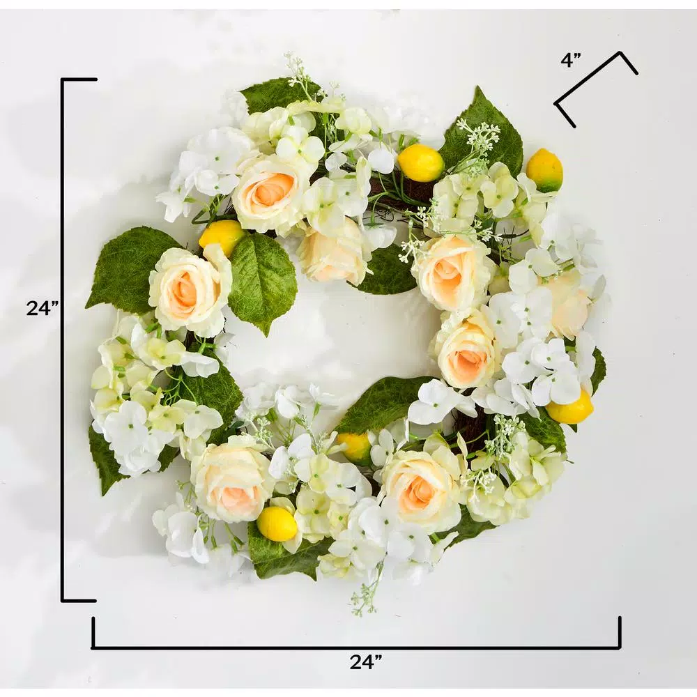 Unbranded 24 in. Hydrangea and Lemon Silk Flower Wreath with White Roses