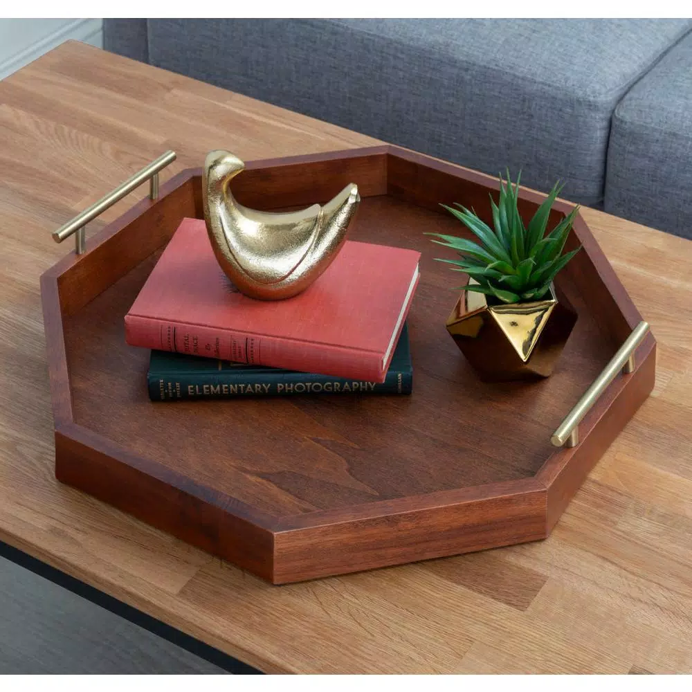 Kate and Laurel Lipton 18 in. Walnut Brown Wood Octagon Decorative Tray with Metal Handles