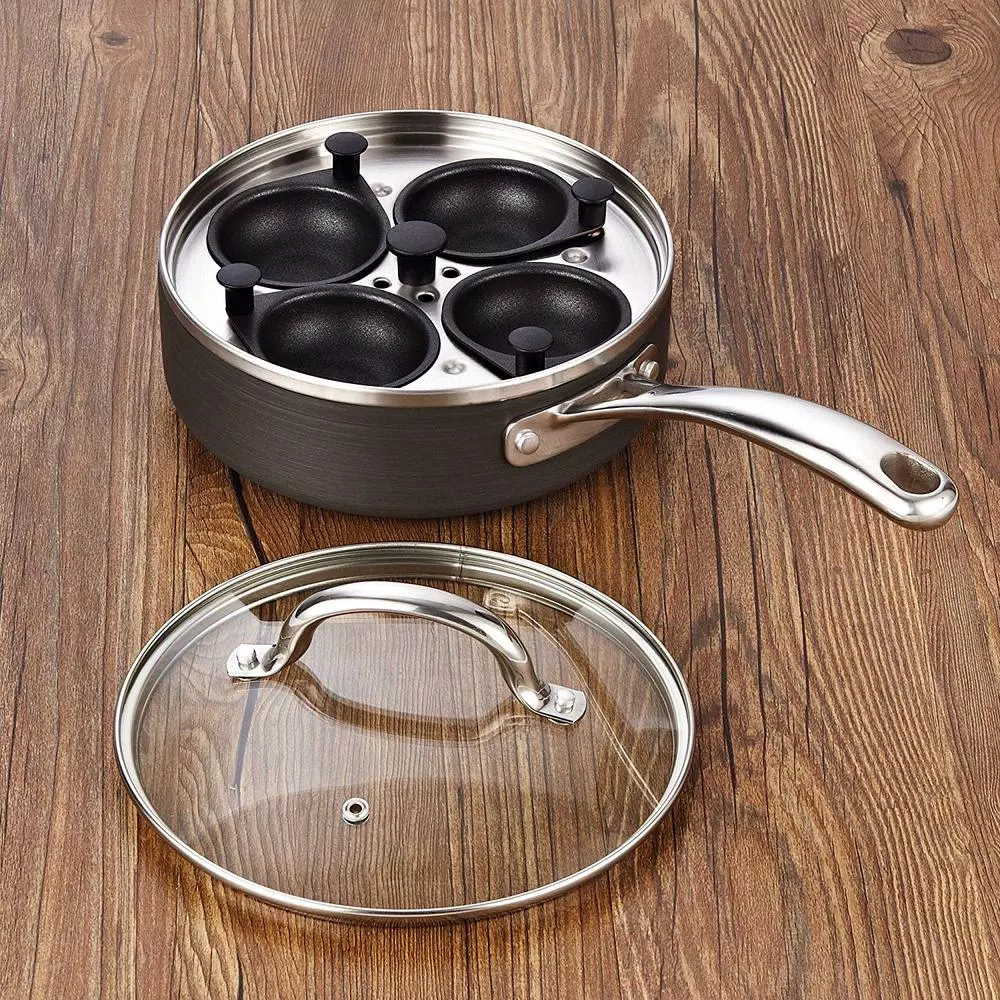 Cooks Standard 8 in. Hard Anodized Nonstick 4-Cup Egg Poacher Pan with Tempered Glass Lid