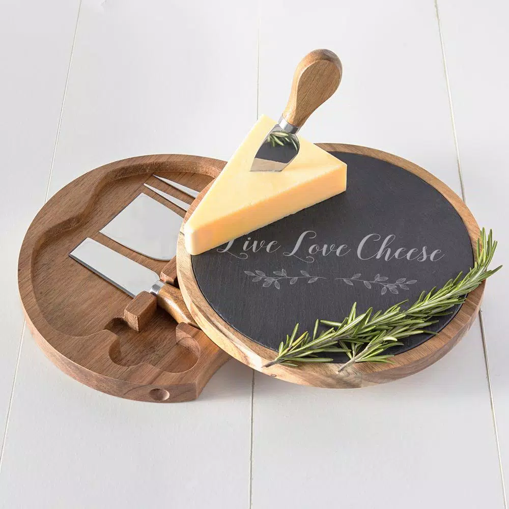 Cathy's Concepts Live Love Cheese 5-Piece Acacia Wood and Natural Slate Cheese Board Set with Utensils