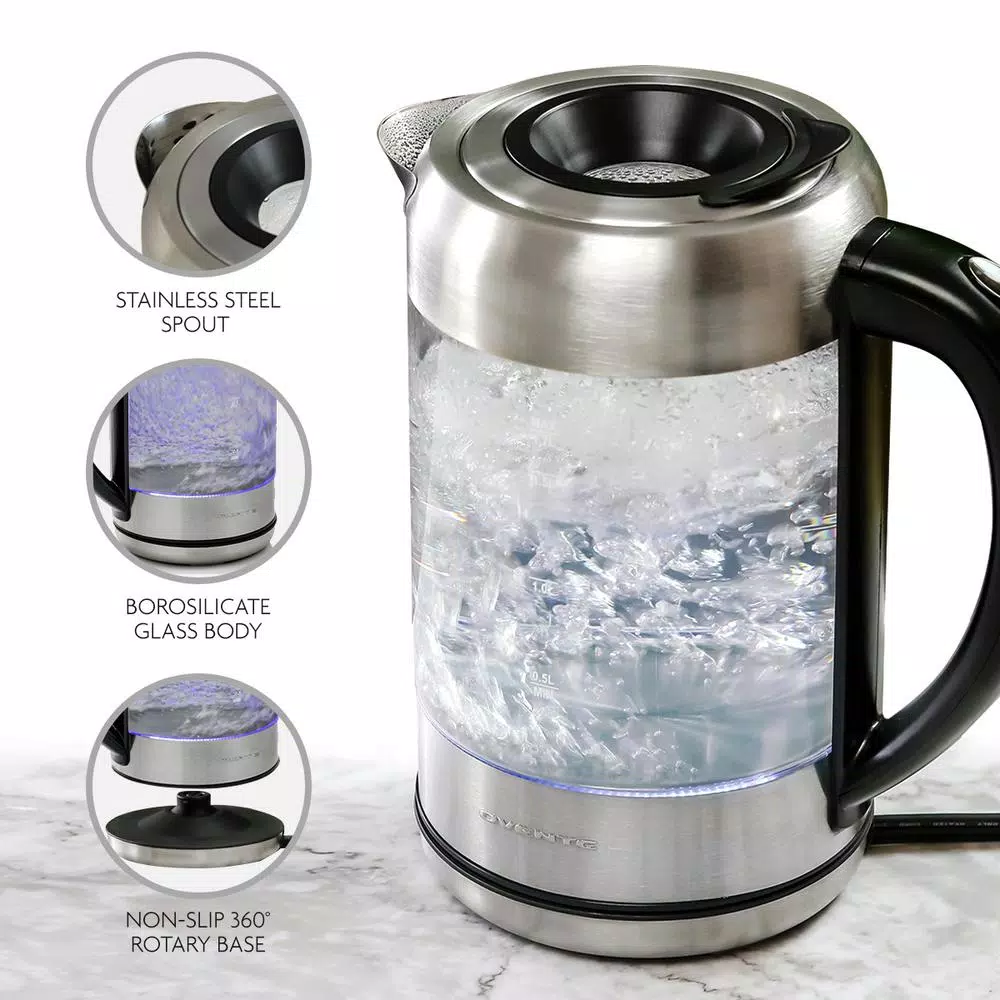 Ovente KG612S 1.7L Glass Electric Kettle, 1500W Silver Stainless Steel with Blue LED Light