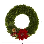Nearly Natural 18 in. Tea Leaf Poinsettia and Pine Artificial Wreath thumbnail 2