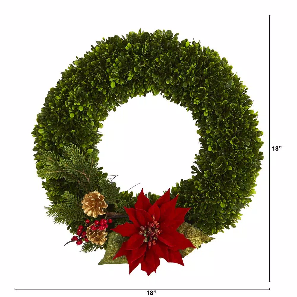 Nearly Natural 18 in. Tea Leaf Poinsettia and Pine Artificial Wreath