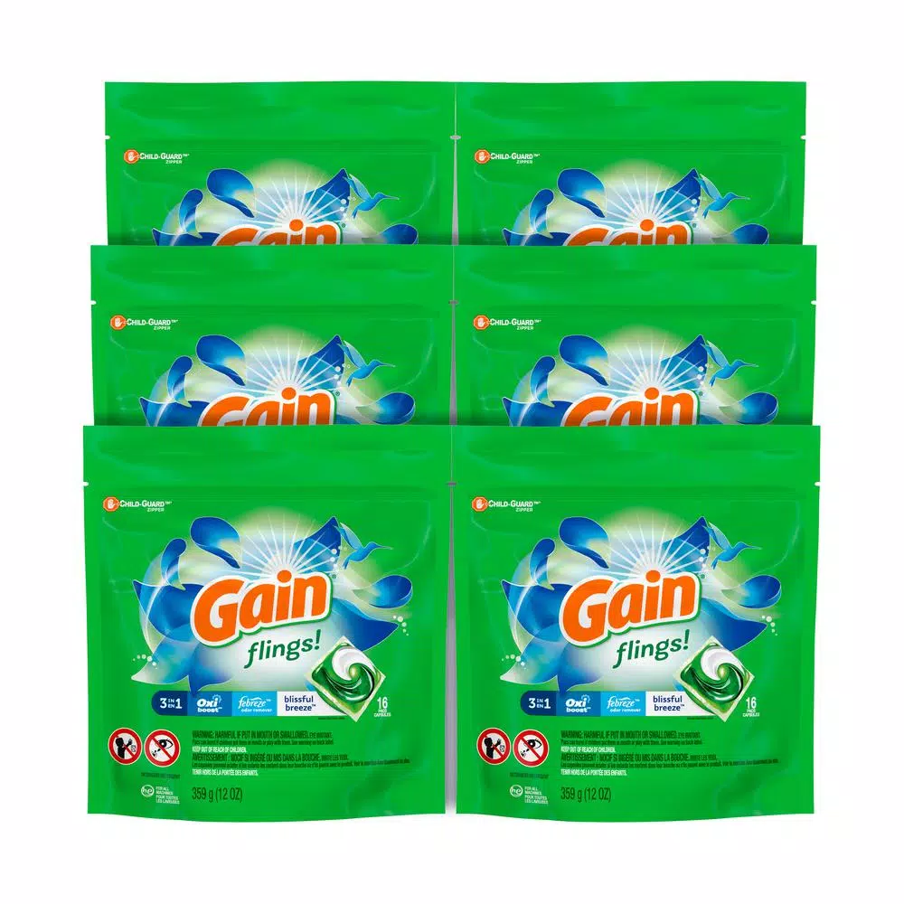Gain Flings Blissful Breeze Laundry Detergent Pods, 16-Count (6-Pack)