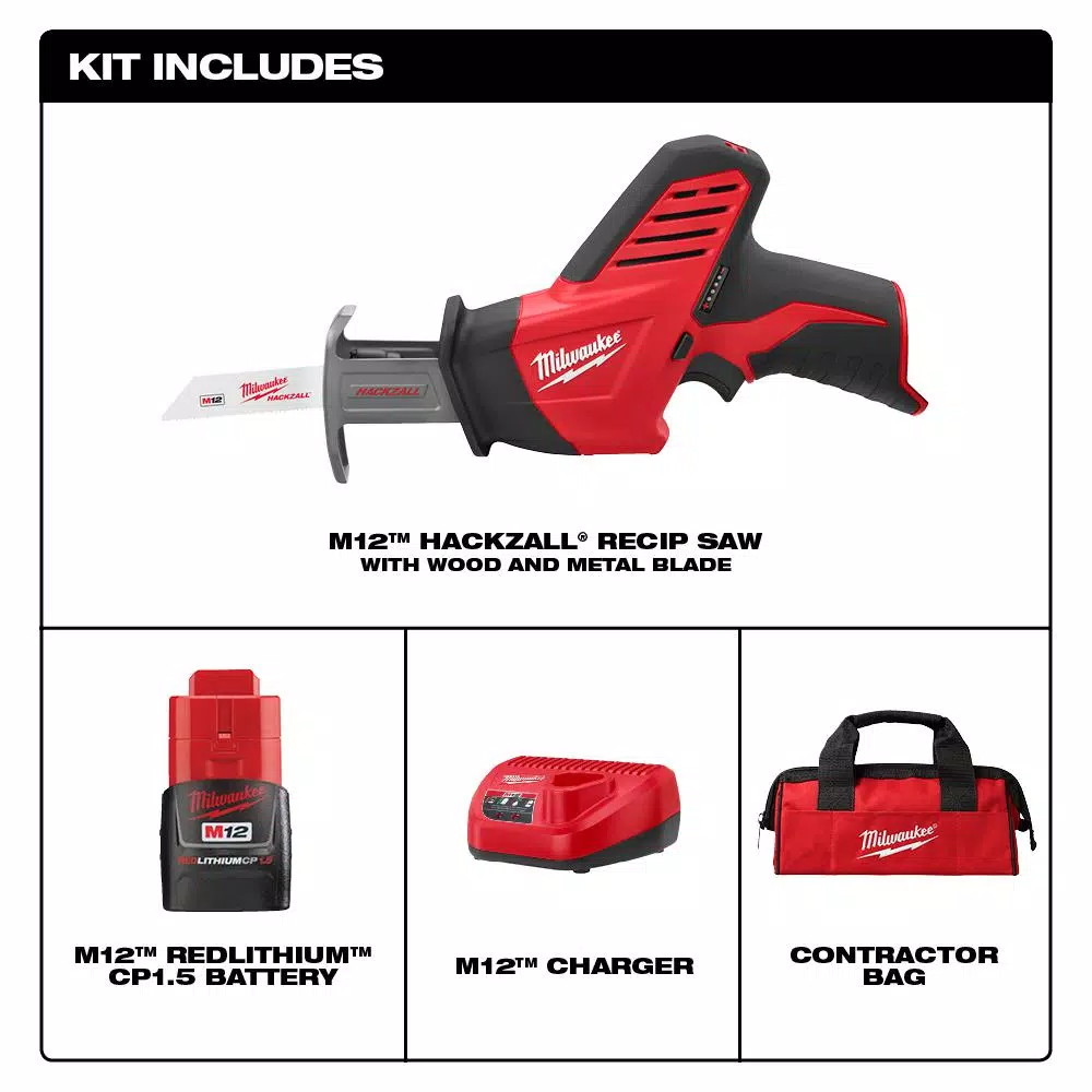 Milwaukee M12 12V Lithium-Ion HACKZALL Cordless Reciprocating Saw Kit with 1.5Ah Battery, Charger & Bag