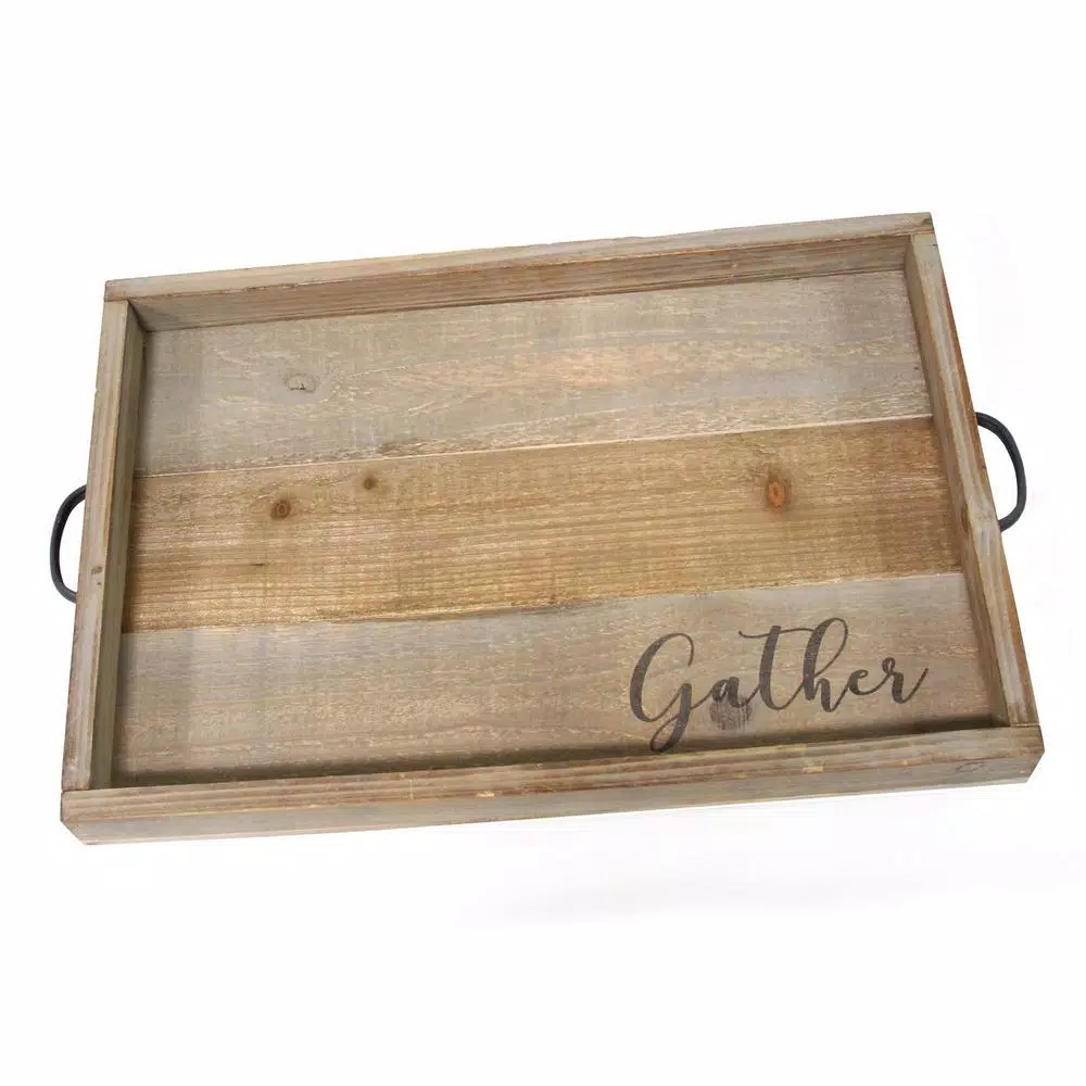Stratton Home Decor "Gather" Wood Tray - Distressed Farmhouse Style with Metal Handles
