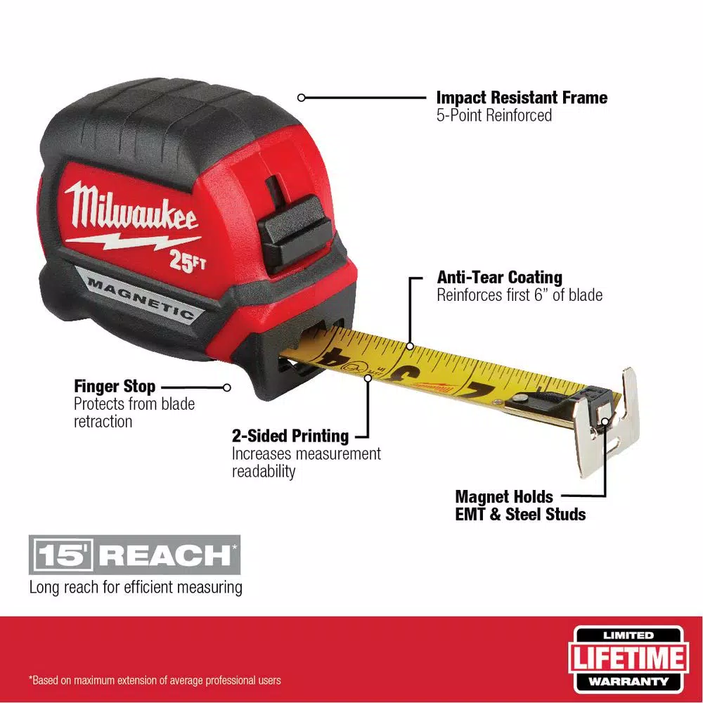 Milwaukee 25 ft. Compact Magnetic Tape Measure with 15 ft. Reach