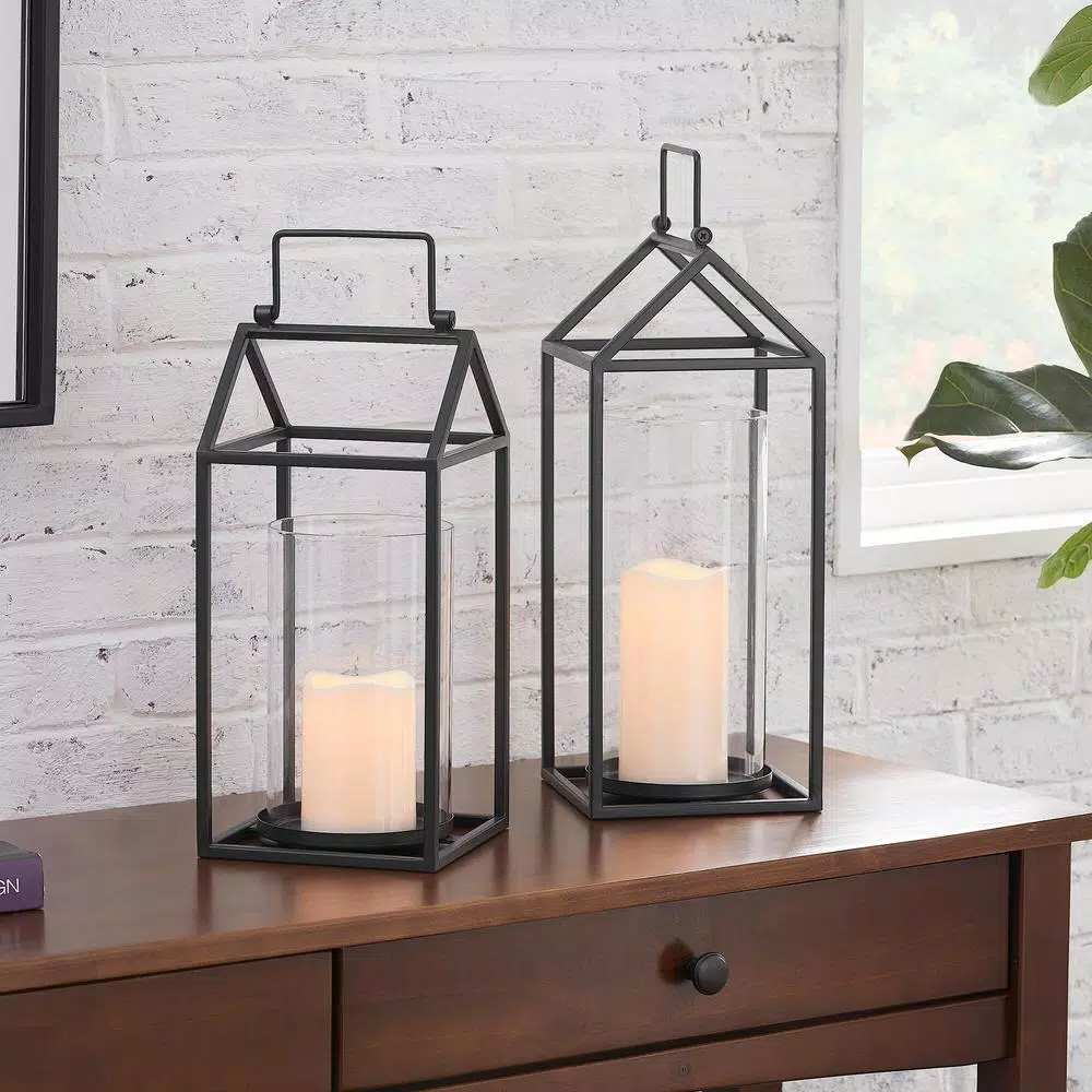StyleWell Black Metal and Glass Candle Lantern Set of 2, Hanging or Tabletop