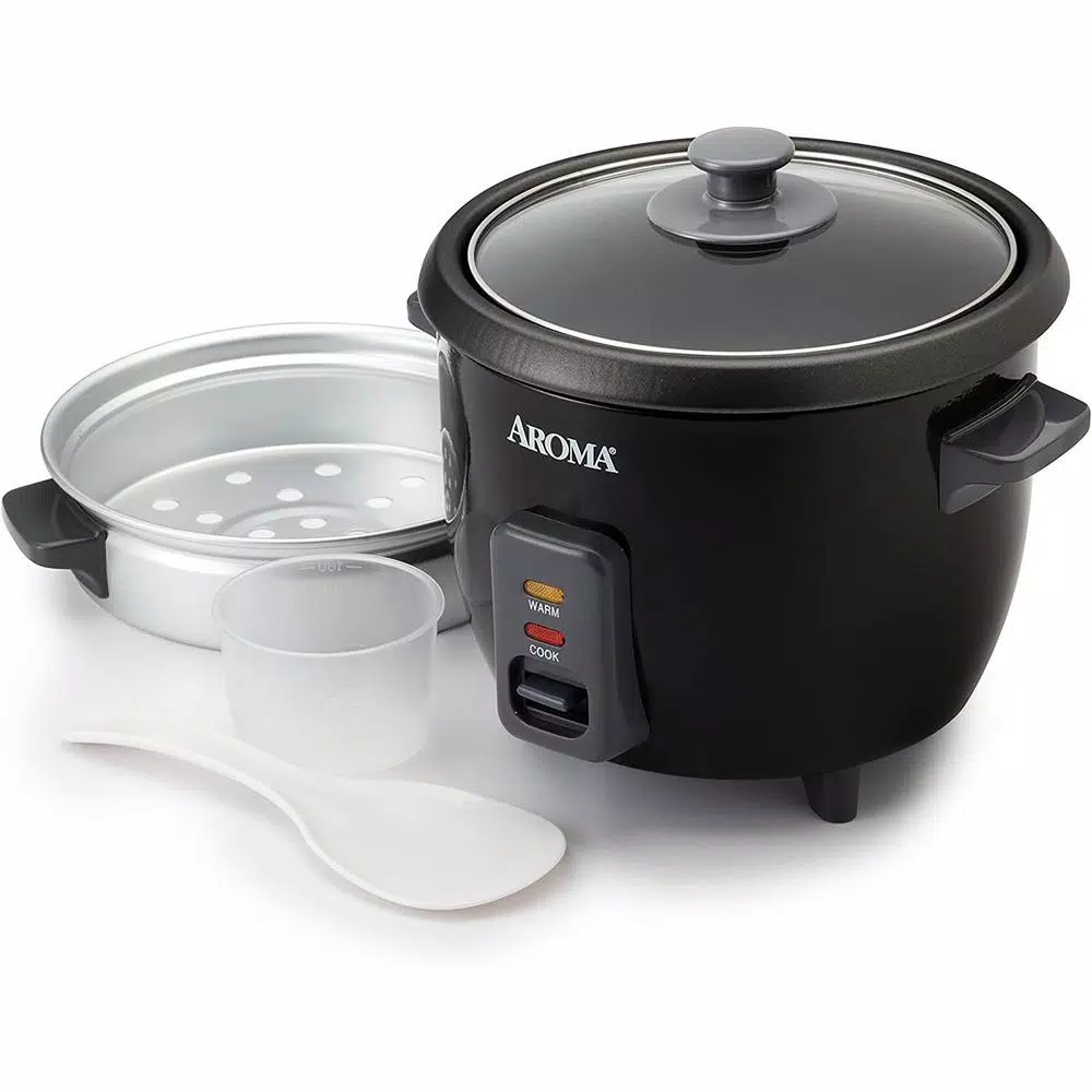 Aroma 6-Cup Rice Cooker and Food Steamer with Removable Steam Tray, Black