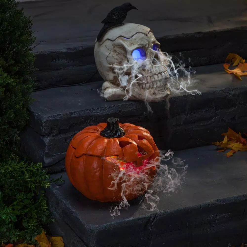 Gerson Electric Smoking Jack-O-Lantern and Skull Set with Color Changing LED Effect (Set of 2)