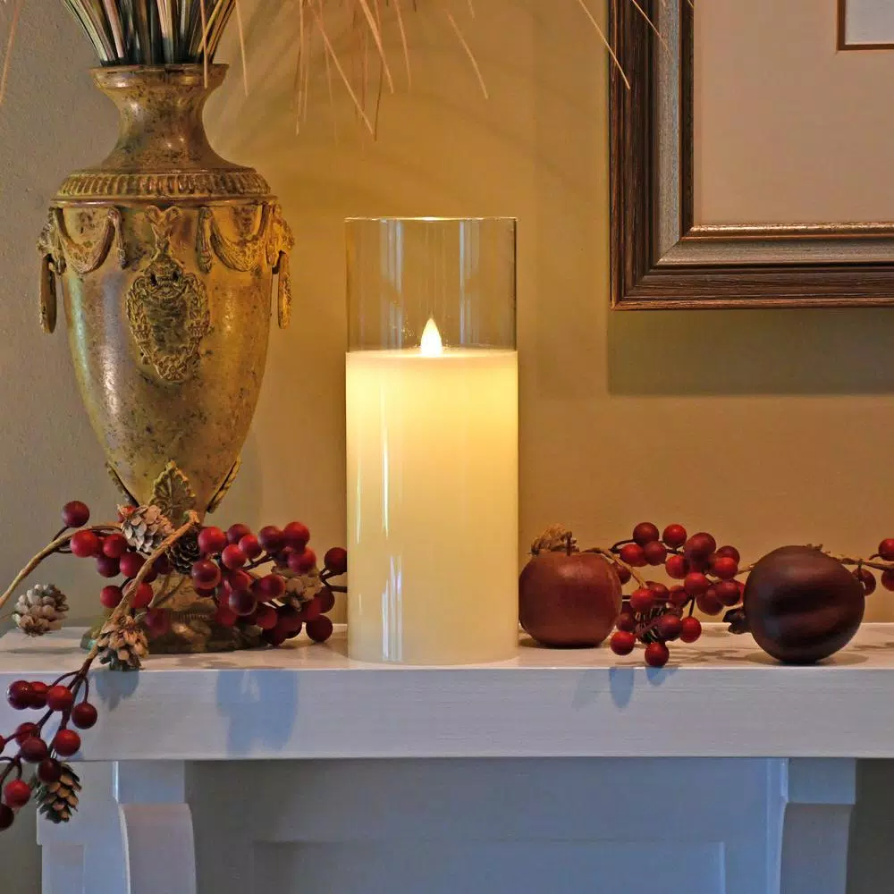 LUMABASE 10 in. Glass Hurricane LED Flameless Candle with Moving Flame, Battery Operated