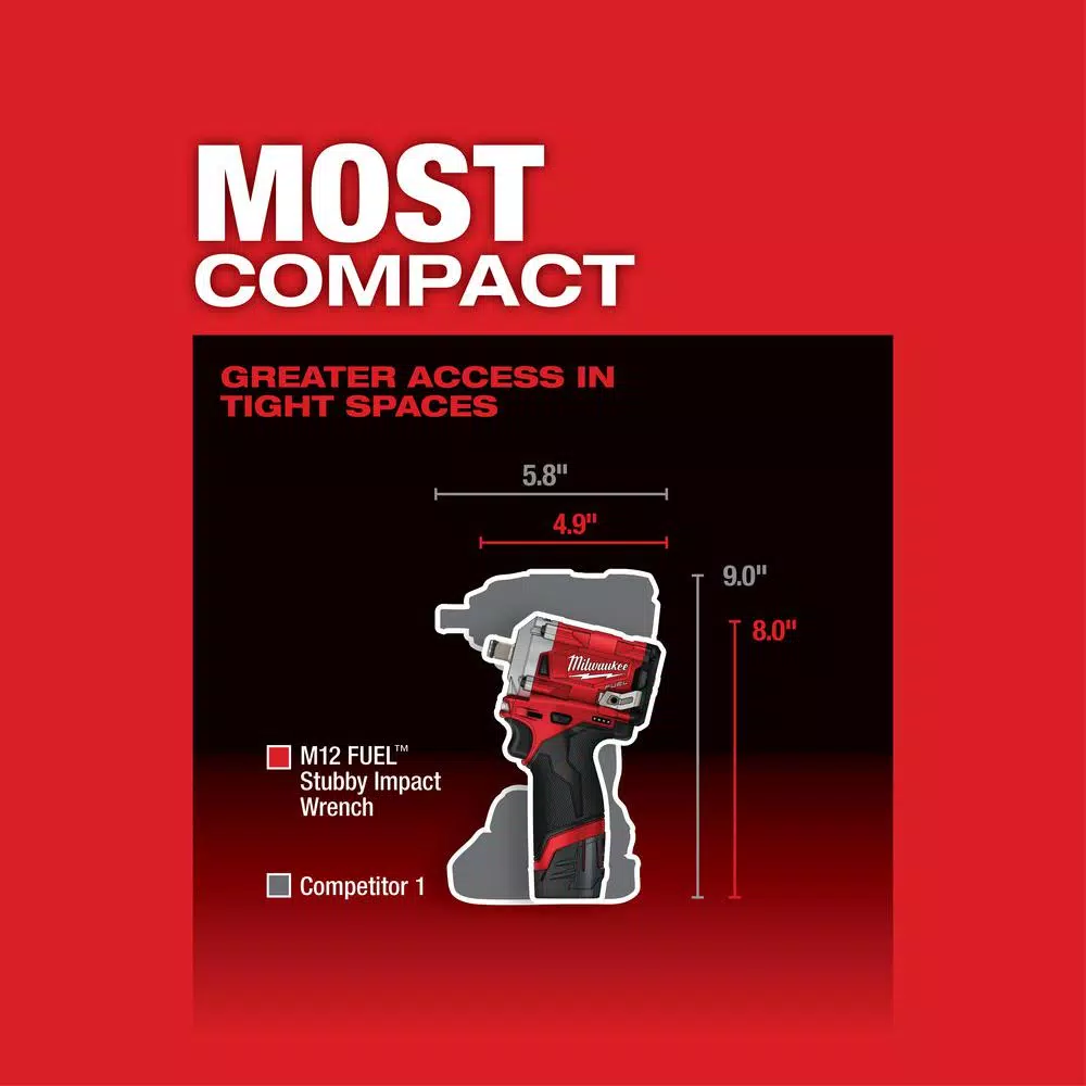 Milwaukee M12 FUEL 1/2 in. Stubby Brushless Cordless Impact Wrench Kit with Two Batteries and Charger
