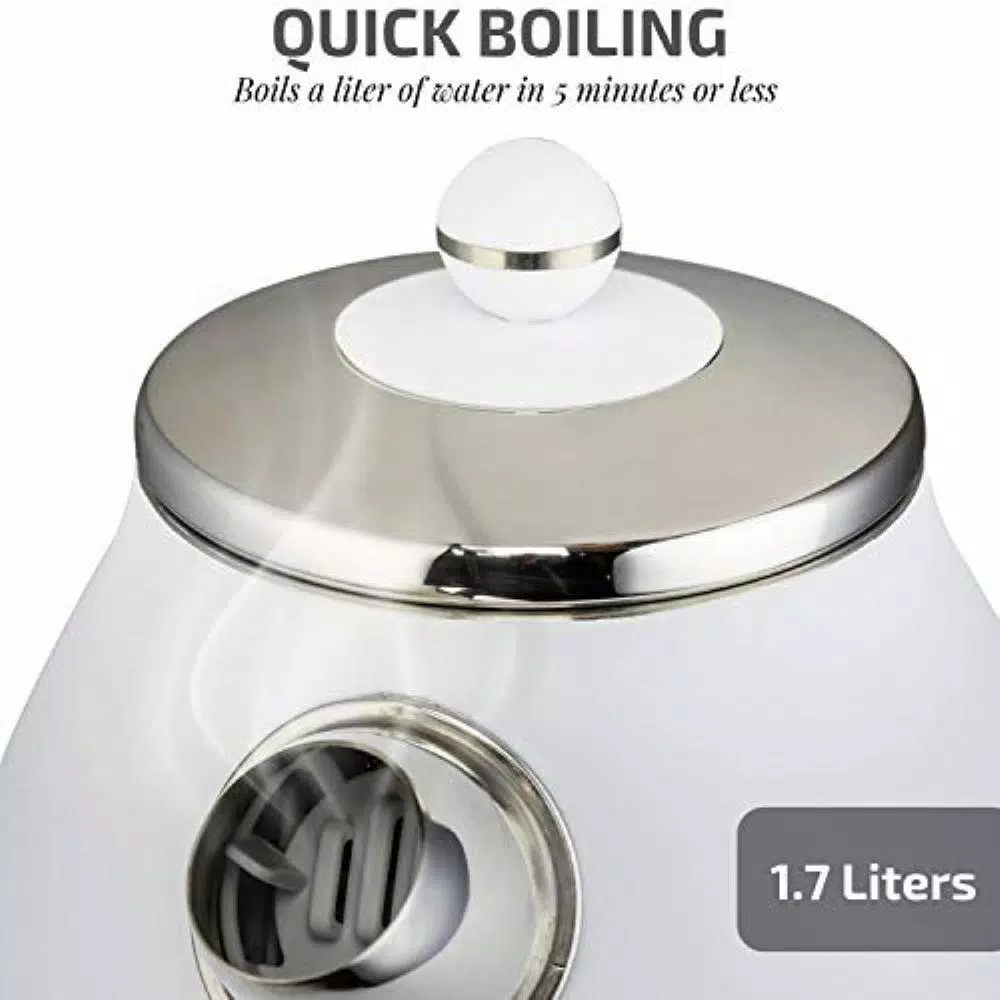 Ovente KS777 1.7L Electric Kettle, 1500W Stainless Steel Water Boiler with Auto Shut-Off and Removable Filter, White