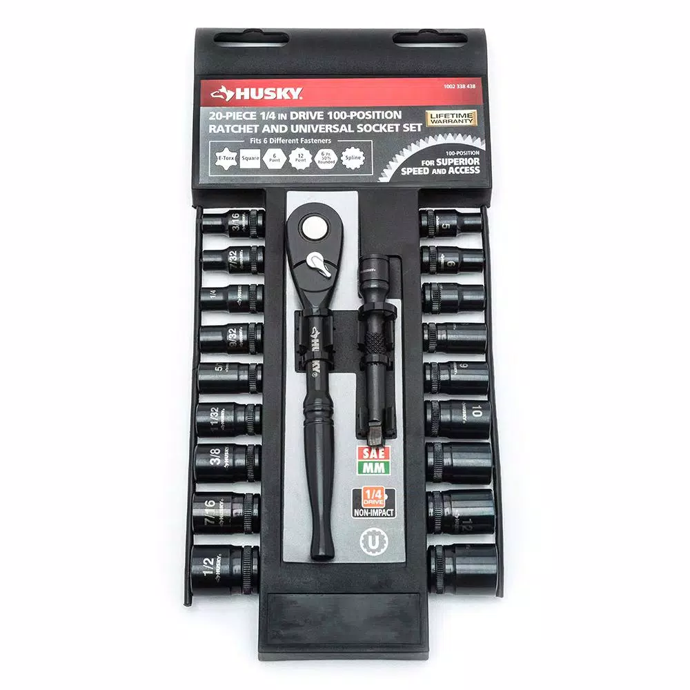Husky 20-Piece 1/4 in. Drive 100-Position Ratchet and Universal SAE/Metric Socket Wrench Set