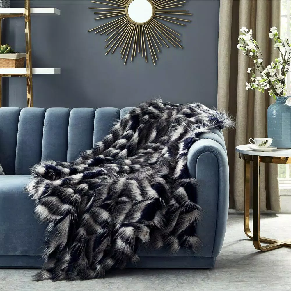 Unbranded Caron Navy Reversible Faux Fur and Micromink Throw Blanket, 50 in. x 60 in.