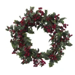 Nearly Natural 24 in. Artificial Holly Berry Wreath with Dark Greenery and Red Berries thumbnail 1