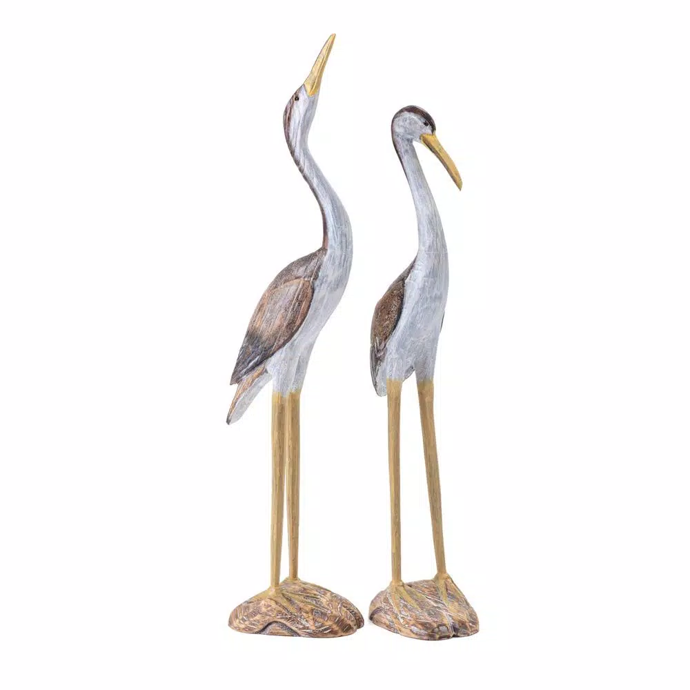 IMAX Reeds Wood Cranes Decorative Sculpture Set of 2 - Beige Pinewood Statues