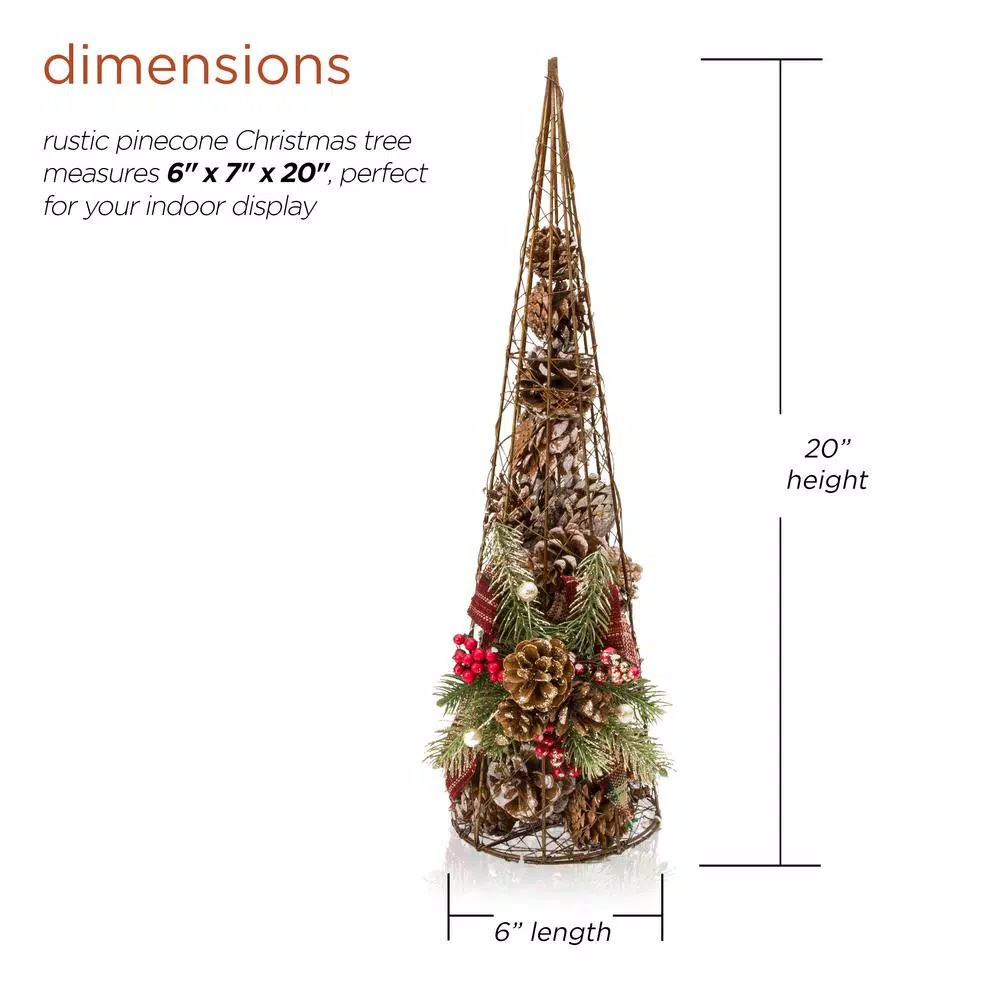 Alpine Corporation 20 in. Rustic Pinecone Christmas Tree Decor with Holly and Plaid Bow