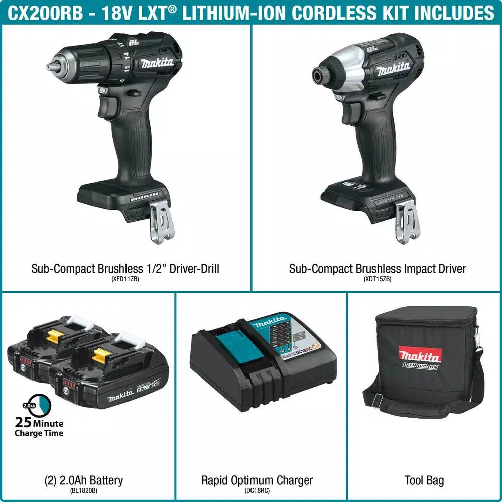 Makita 18V LXT Sub-Compact Brushless Cordless 2-Piece Combo Kit (Driver-Drill & Impact Driver) with 2.0Ah Battery