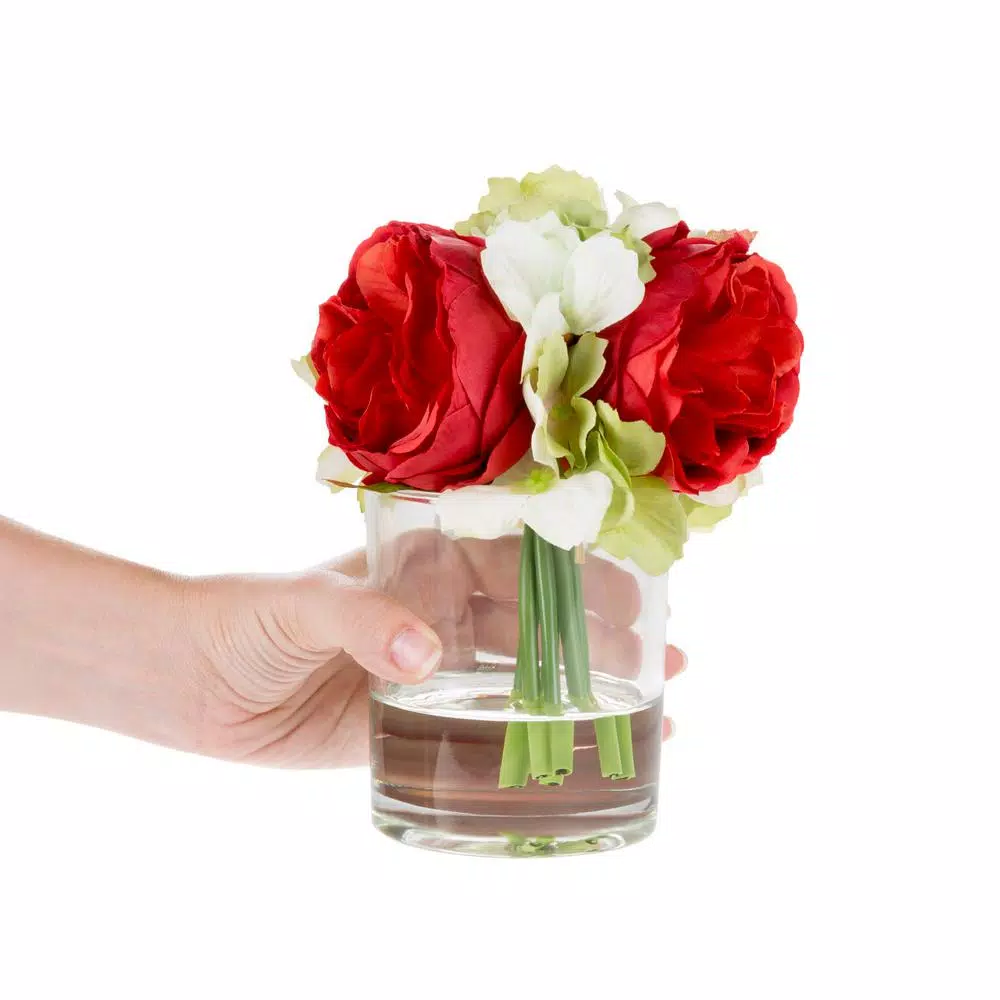 Pure Garden 6.5 in. Red Hydrangea and Rose Artificial Floral Arrangement in Glass Vase