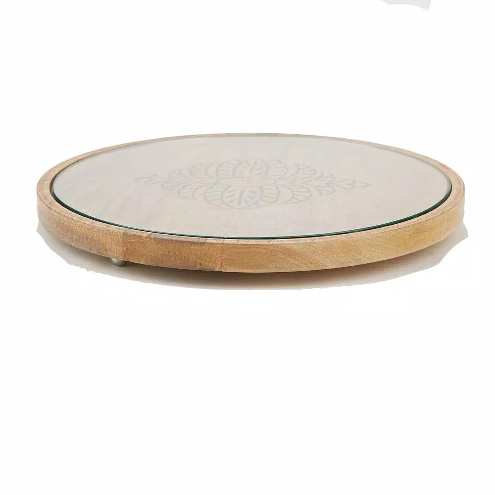 Mind Reader Round Bamboo Cheese Platter with Glass Top - Decorative Wooden Serving Tray