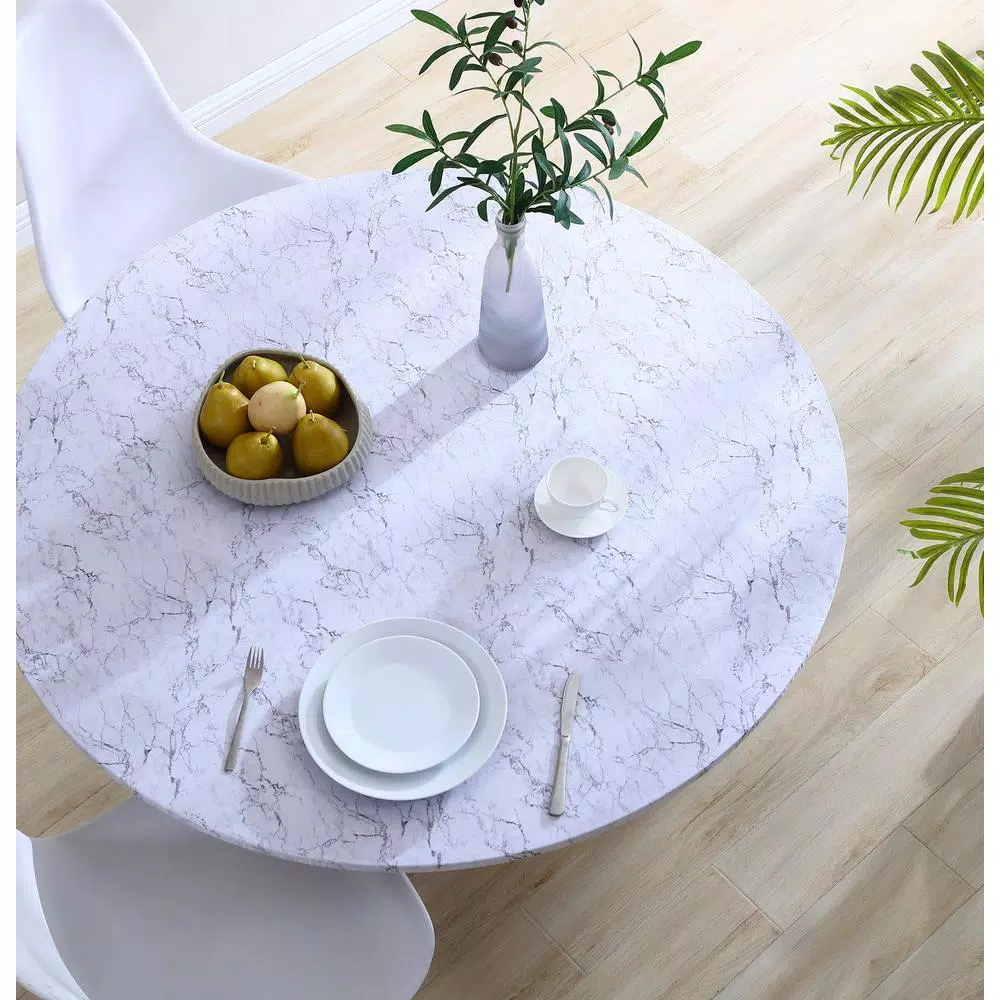 Brielle Home 48" White Marble Printed Cotton Fabric Fitted Table Cover