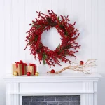 Nearly Natural 34 in. Cypress Artificial Wreath with Red Berries and Pine Cones thumbnail 3