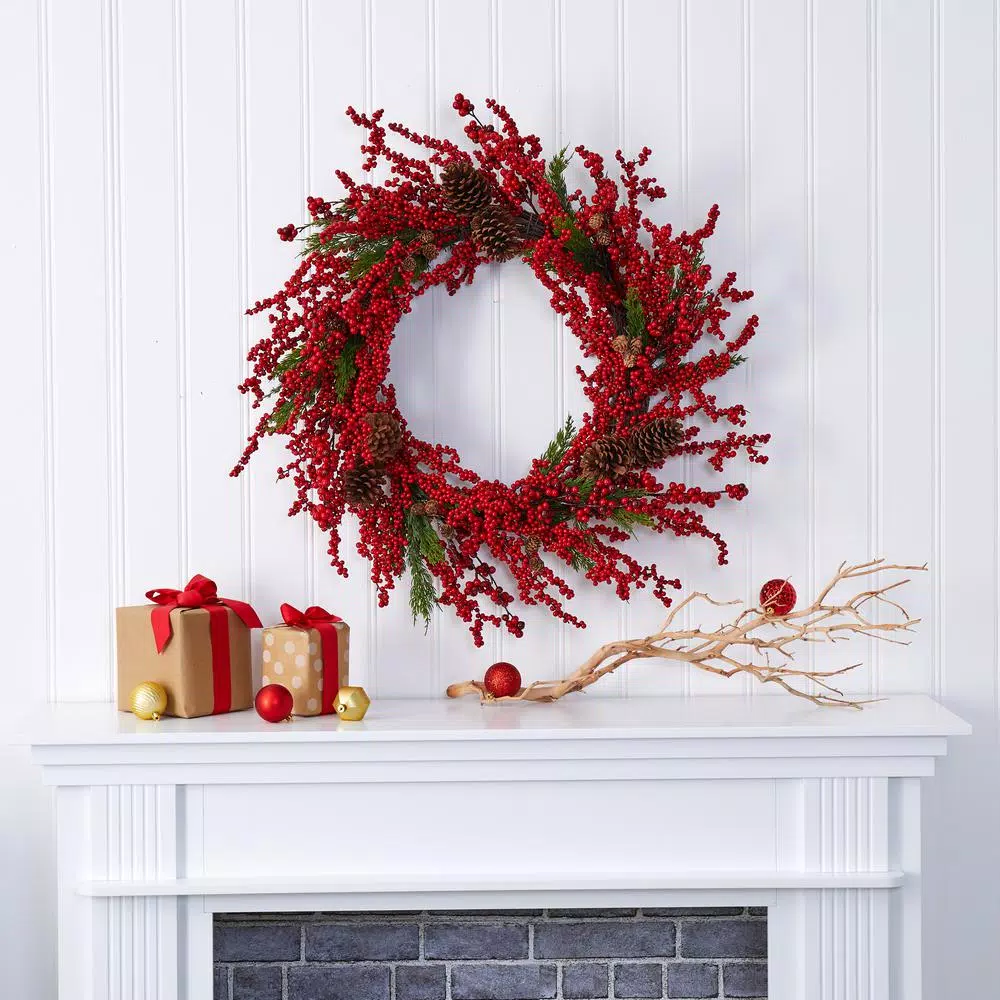 Nearly Natural 34 in. Cypress Artificial Wreath with Red Berries and Pine Cones