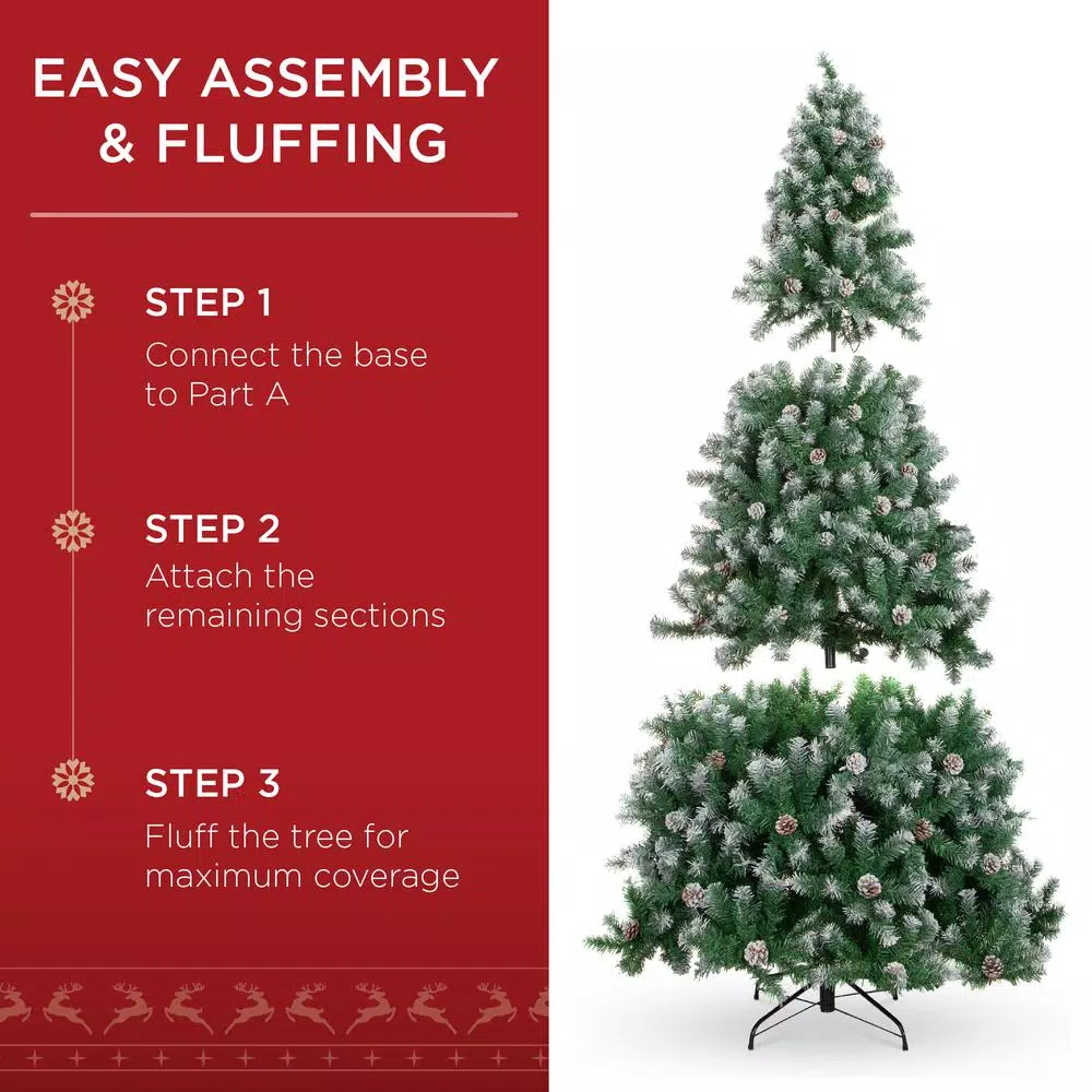 Best Choice Products 9 ft. Unlit Flocked Virginia Pine Artificial Christmas Tree with Pine Cones and Holly Berries