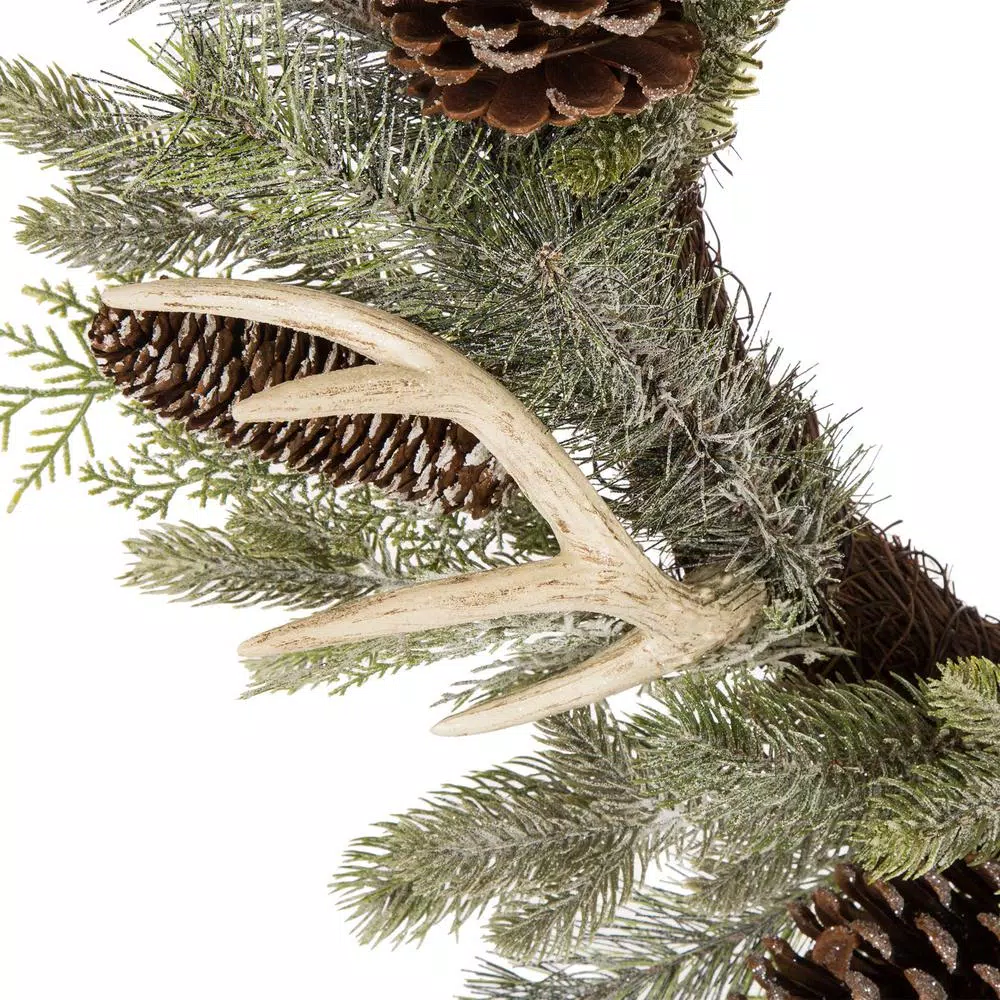 Glitzhome 24 in. Flocked Pinecone and Antler Artificial Christmas Wreath