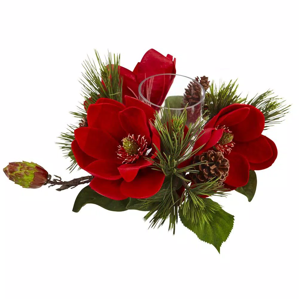 Nearly Natural 7 in. Red Magnolia and Pine Candelabrum with Glass Candleholder