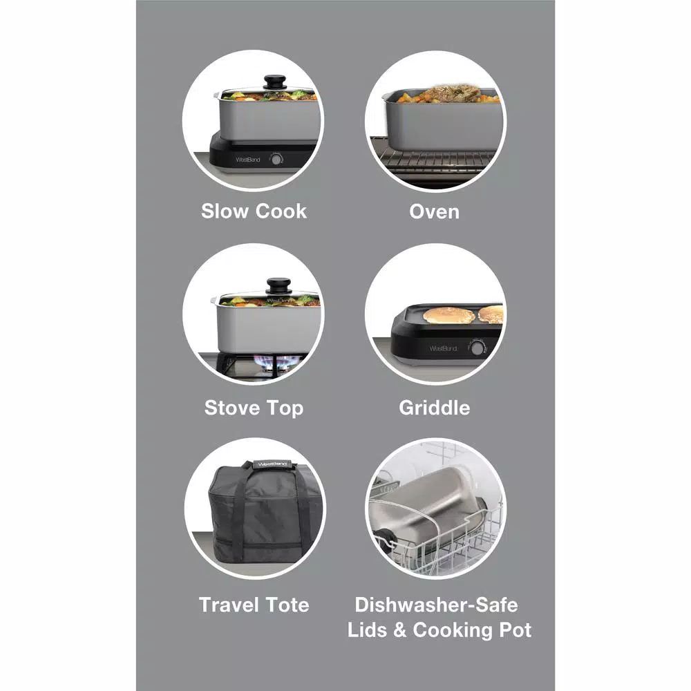 West Bend 5 Qt. Silver Non-Stick Versatility Slow Cooker with Griddle Base, Travel Lid and Thermal Tote