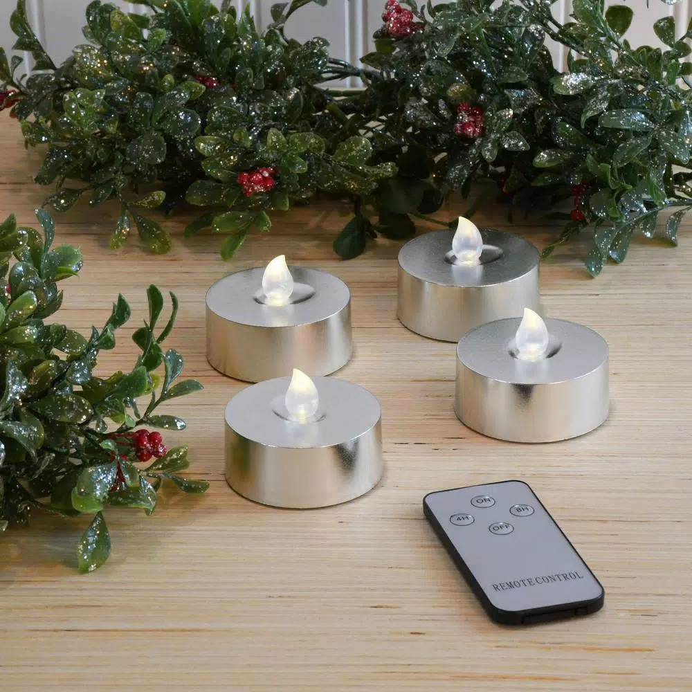 LUMABASE Silver Extra Large LED Tea Light Candles with Remote Control and Dual Timers, 4-Count