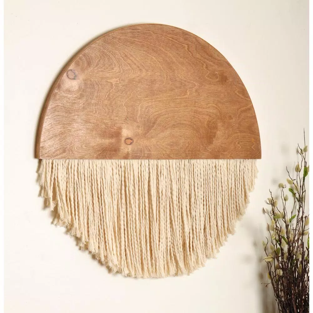 BrandtWorks 23 in. Wooden Round Fiber Art Wall Hanging - Bohemian Chic Handmade Cotton & Birch Wood Decor