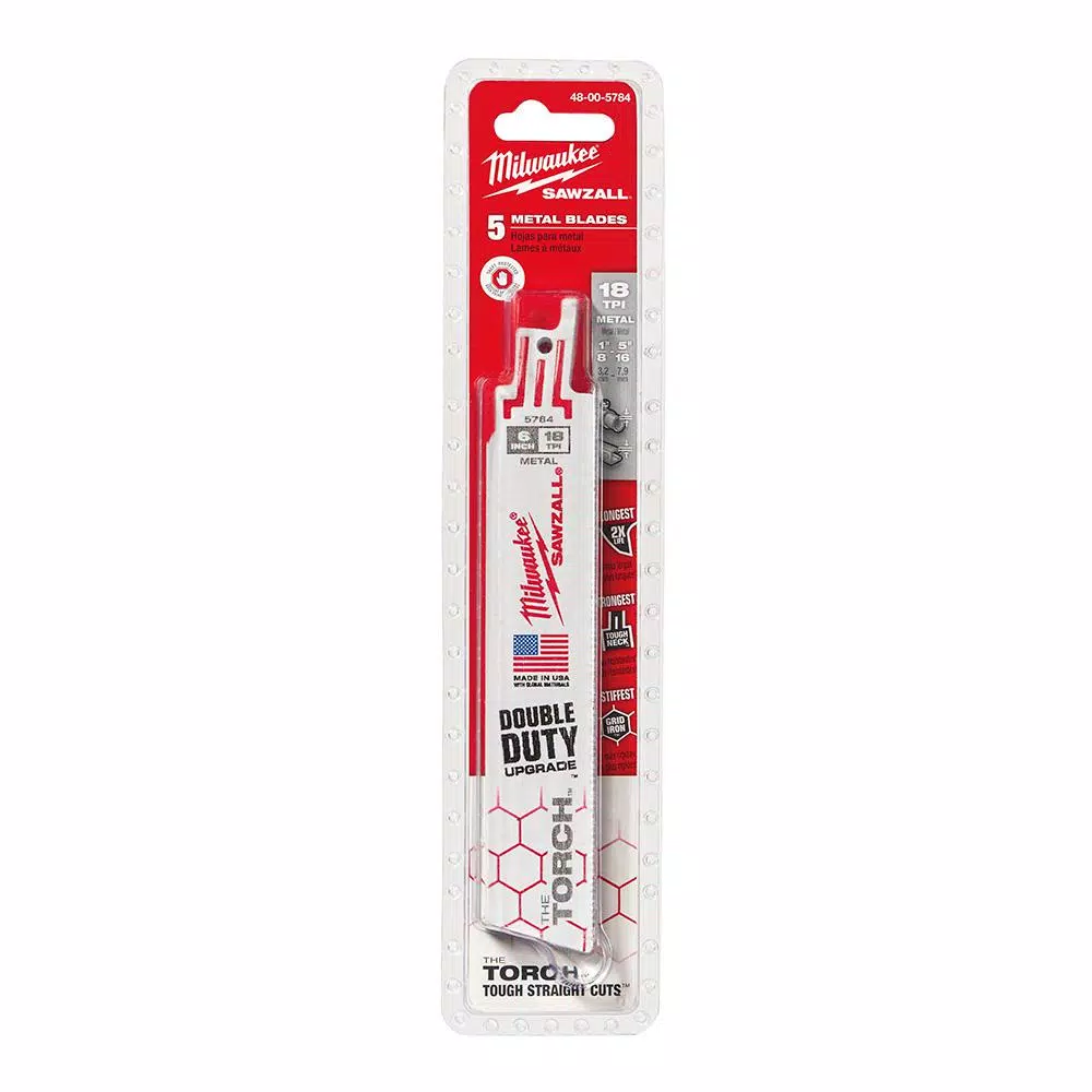Milwaukee TORCH 6 in. 18 TPI Metal Cutting Reciprocating Saw Blades, Bi-Metal, 5-Pack